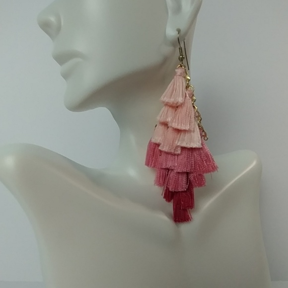 Women Pink Tired Tassel Statement Earrings - Picture 2 of 2